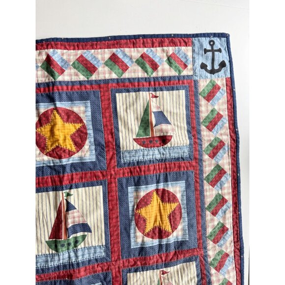 Vintage Handmade LESLIE BECK Nautical Sailboats And Stars Cotton Quilt - Picture 3 of 8